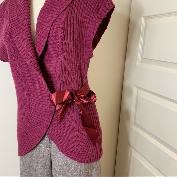 𝅺jackpot Knit Sweater Vest Wrap Berry Red Cotton Alpaca Blend Satin Belt Sz XS - Picture 5 of 11